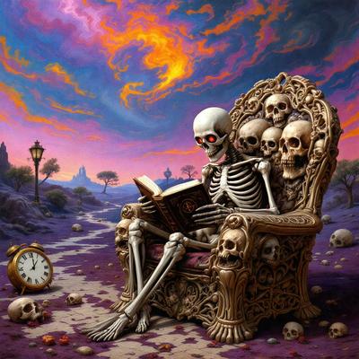 The primary subject of the image is a skeleton sitting in a chair, holding a book. The setting is a rocky landscape with a clock nearby. The visual style is a digital art or illustration, creating a dark and eerie atmosphere. The dominant colors are black, white, and red, with the skeleton being predominantly white.